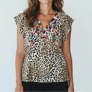 Savanna Jane Leopard Print Blouse with Colorful Embroidered Accents